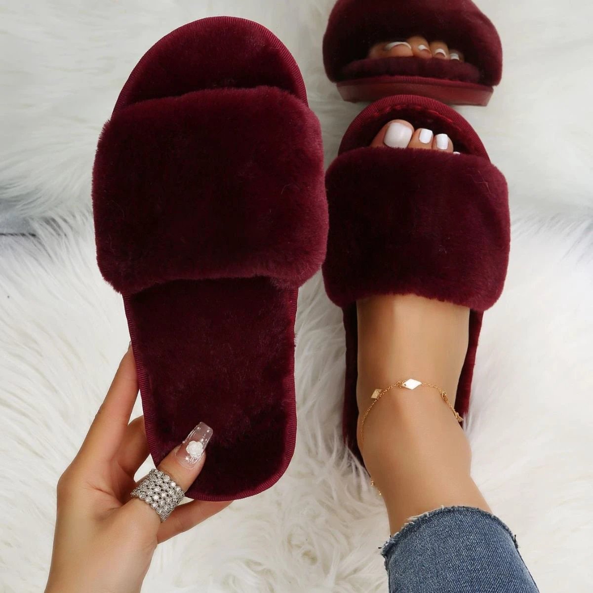 Fluffy Women's Indoor Lazy Plush Slippers Flat Cotton Slippers by GJG Denim
