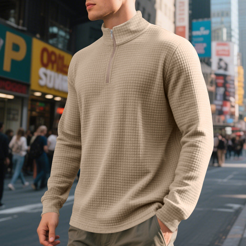 Men's Stand Collar Half Zip Small Plaid Sweater