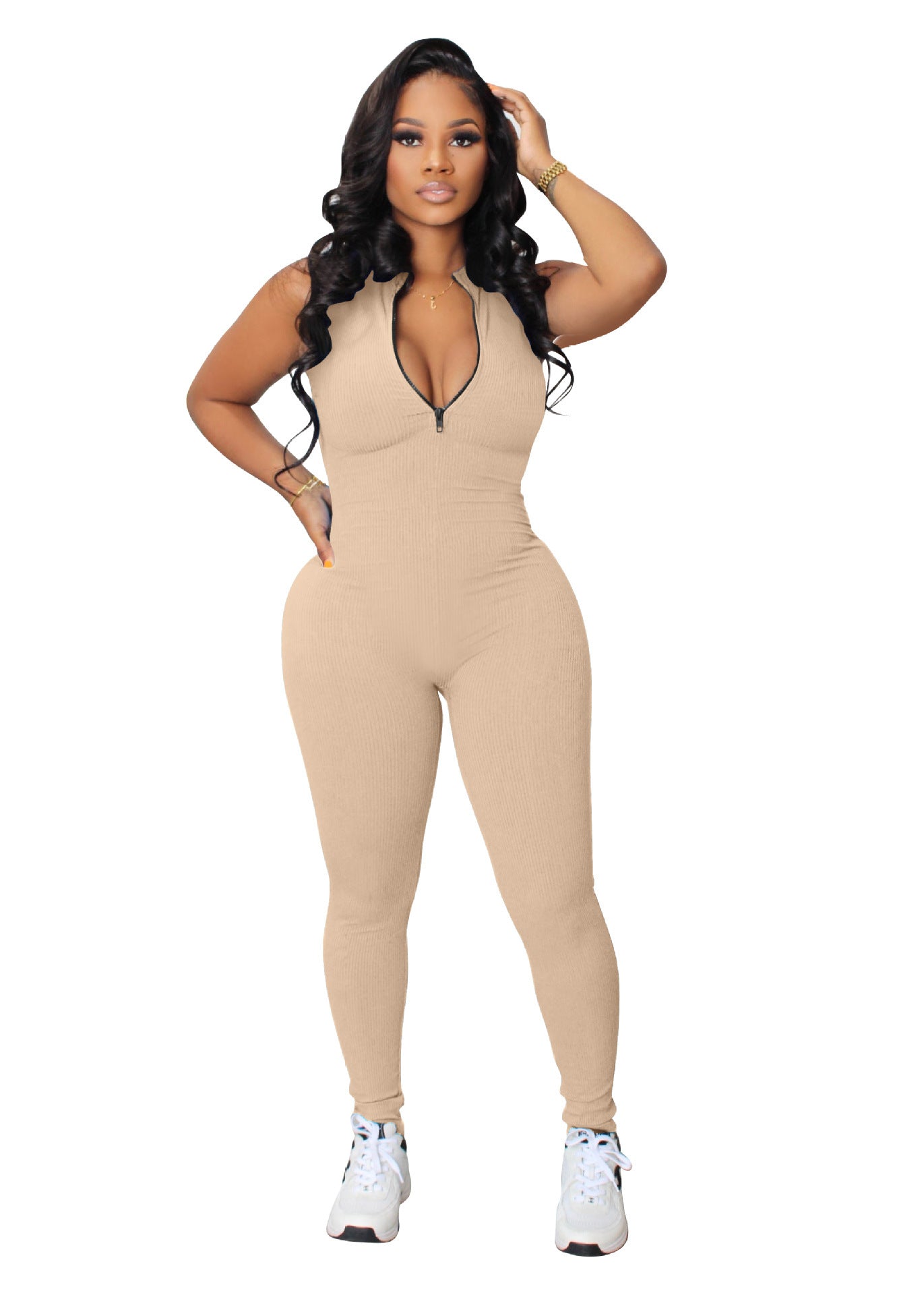 Women's Solid Color Stretch Small Sunken Stripe Zipper Jumpsuit