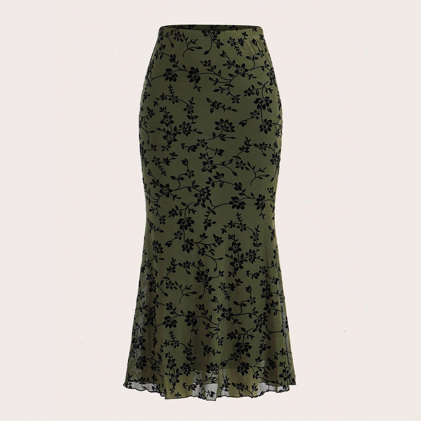 Dark Green Floral Half-length Fishtail Skirt For Women
