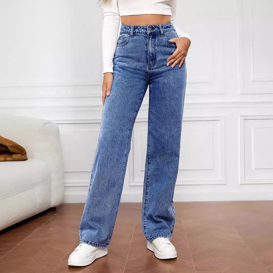 Washed Fashion Straight Jeans Women's Mid Waist by GJG Denim