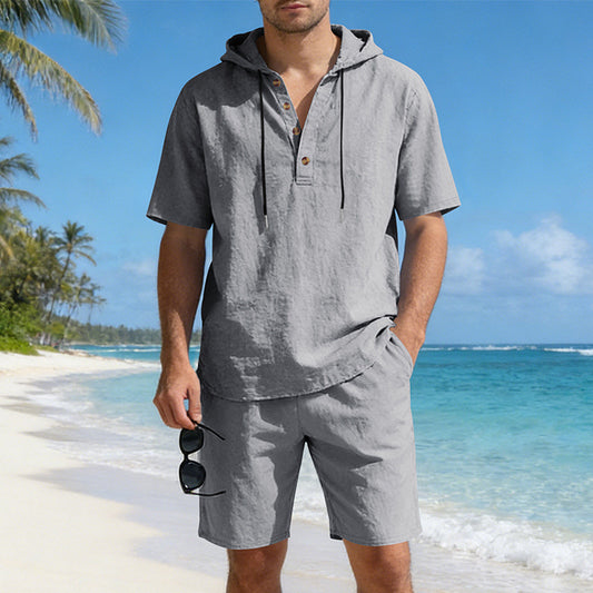 Mens Loose Breathable Linen Hooded Casual Set