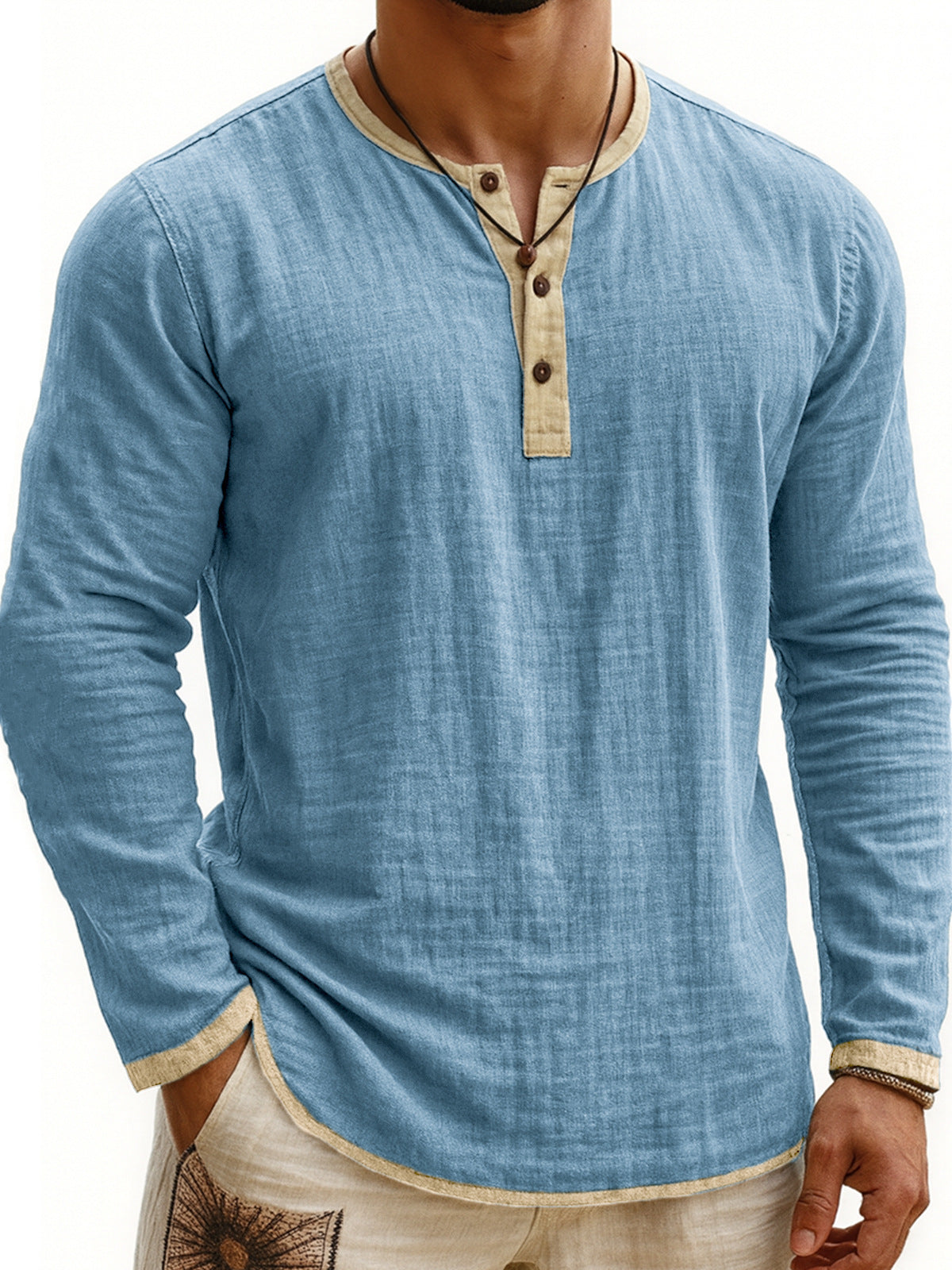 Men's Two-tone Henley Shirt 3-button Casual Long Sleeve Shirt