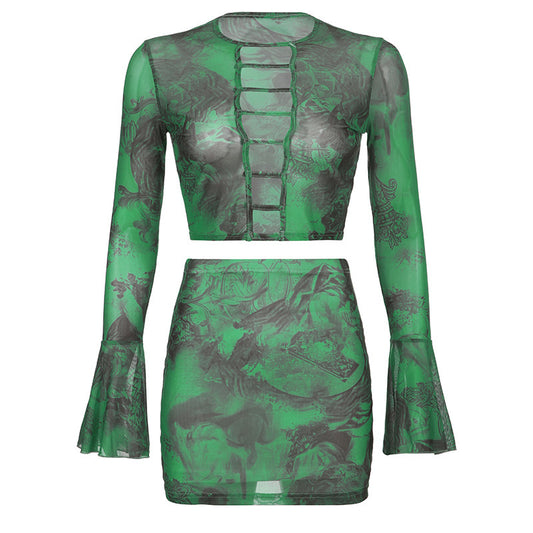 Bell Sleeve Cut out Top Mini Skirt set