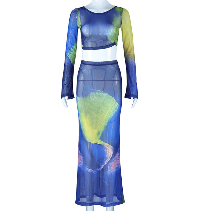 Printed Long Bell Sleeve top and long Skirt Set