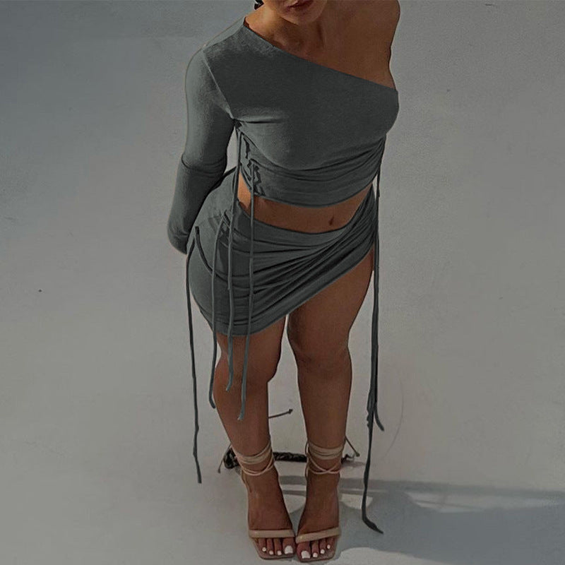 One Shoulder Midriff-baring Top Side Drawstring Skirt Set