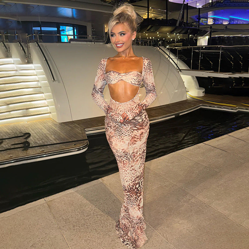 Sexy See-through Temptation Midriff Outfit Bandeau Slim-fit Long Sleeve Tight Dress
