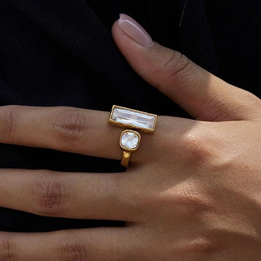 Uworld Minimalist Classic 18K Gold-Colored Stainless Steel SquareRound Zircon Rings Trendy Waterproof Womens Everyday Jewelry by GJG Denim