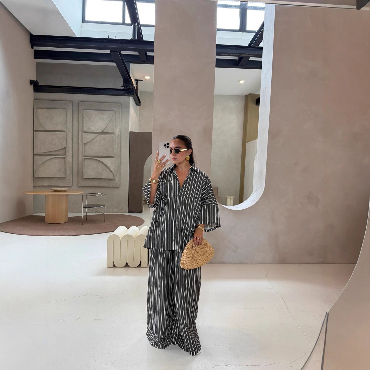 Casual Striped Shirt Wide Leg Pants Suit