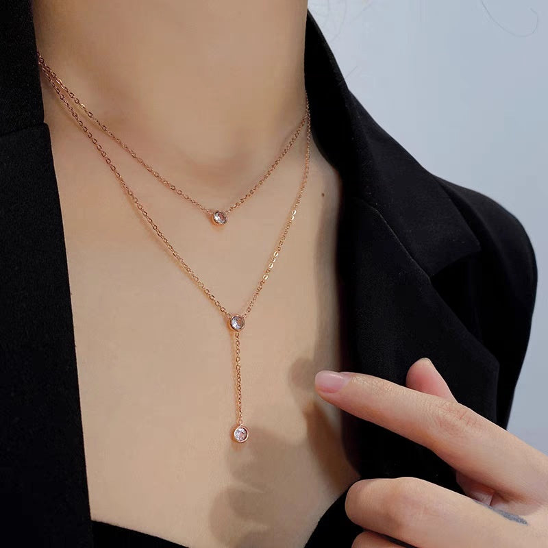 Single rhinestone Zircon Tassel Titanium Steel Necklace For Women