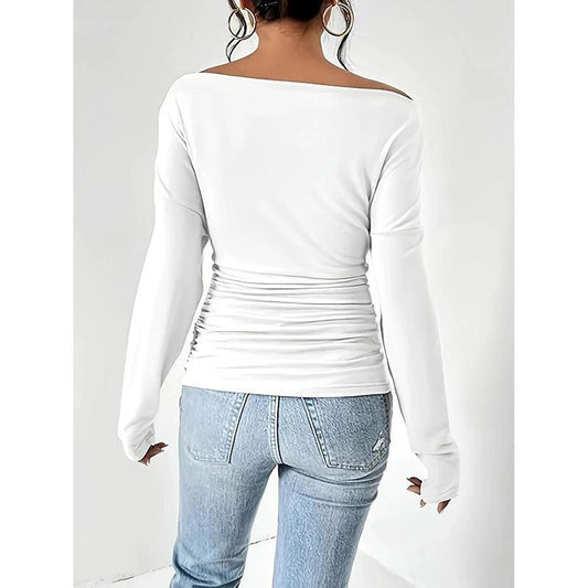 Women's Off The Shoulder Tops Long Sleeve T Shirts Going Out Tops Casual Trendy Ruched Slim Fitted Tees by GJG Denim