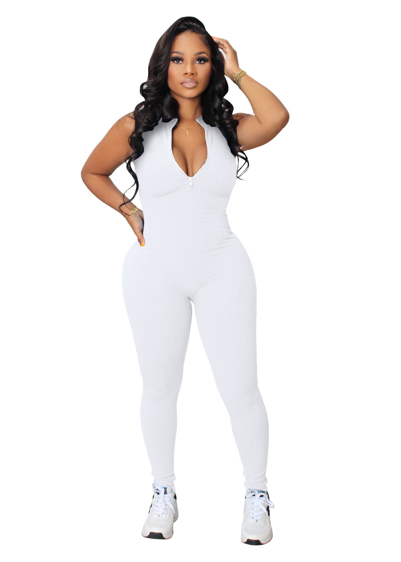 Women's Solid Color Stretch Small Sunken Stripe Zipper Jumpsuit