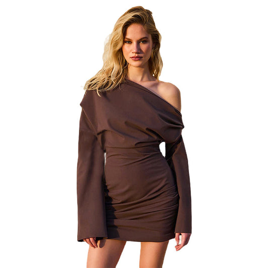 Solid Color Long Sleeve Off-the-shoulder Upper Body Loose Short Dress by GJG Denim