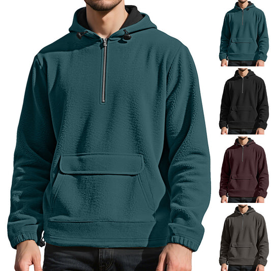 Men's Padded Fleece Solid Color Half Zip Hooded Pullover Sweater