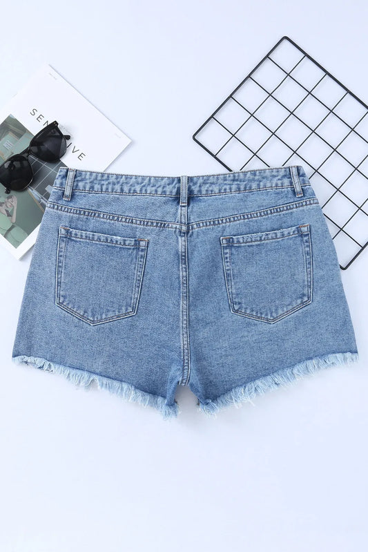 Crossover Cutie High Rise Distressed Denim Shorts