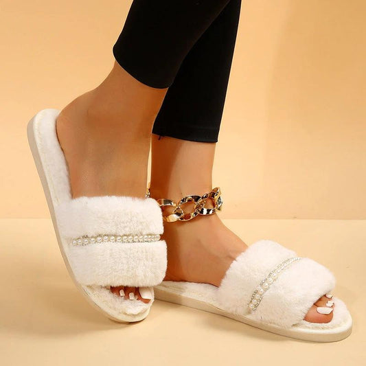 Fashion Solid Color Plush Slippers With Pearl Flat House Slippers Outdoor Indoor Shoes by GJG Denim