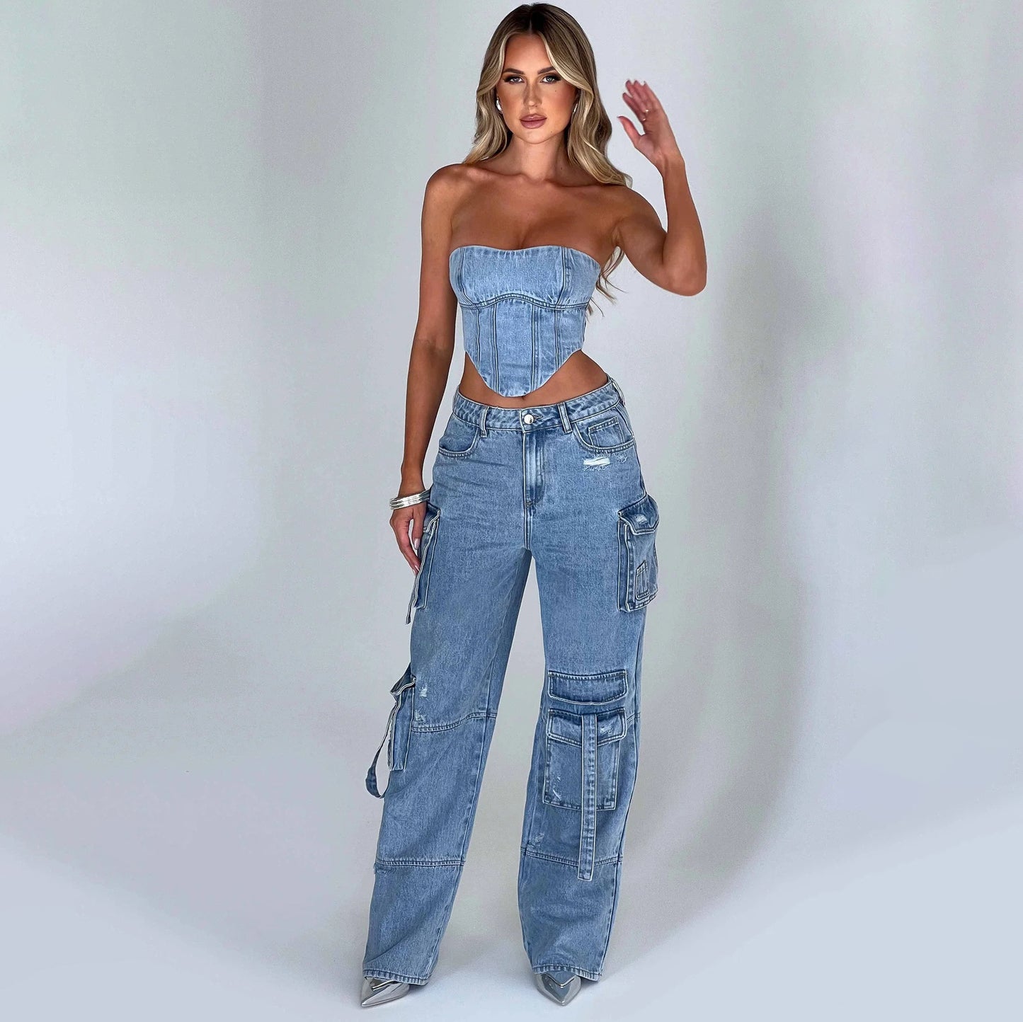 Tube Top And Pocket Stitching Jeans Pants