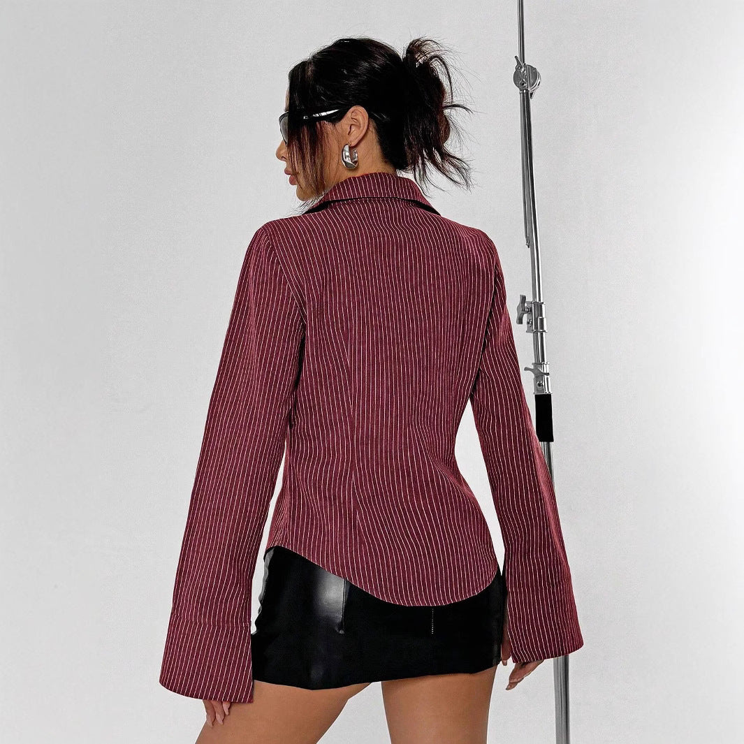 Women's Slim Striped Shirt Wine Red