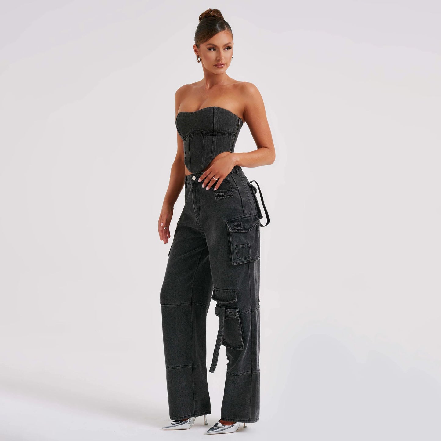 Tube Top And Pocket Stitching Jeans Pants