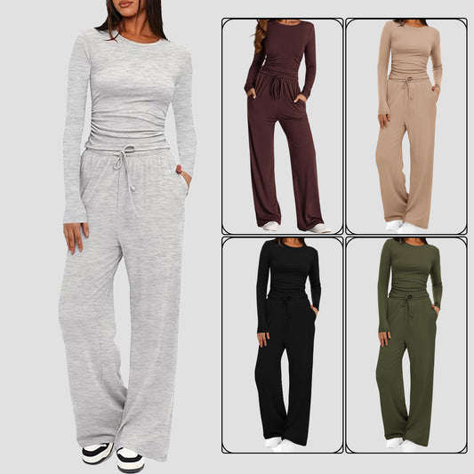 2 Pieces Women's Suit Autumn Winte Long Sleeve Tops High Waisted Wide Leg Pants Sportswear Female Clothes Solid Color Casual Suit by GJG Denim