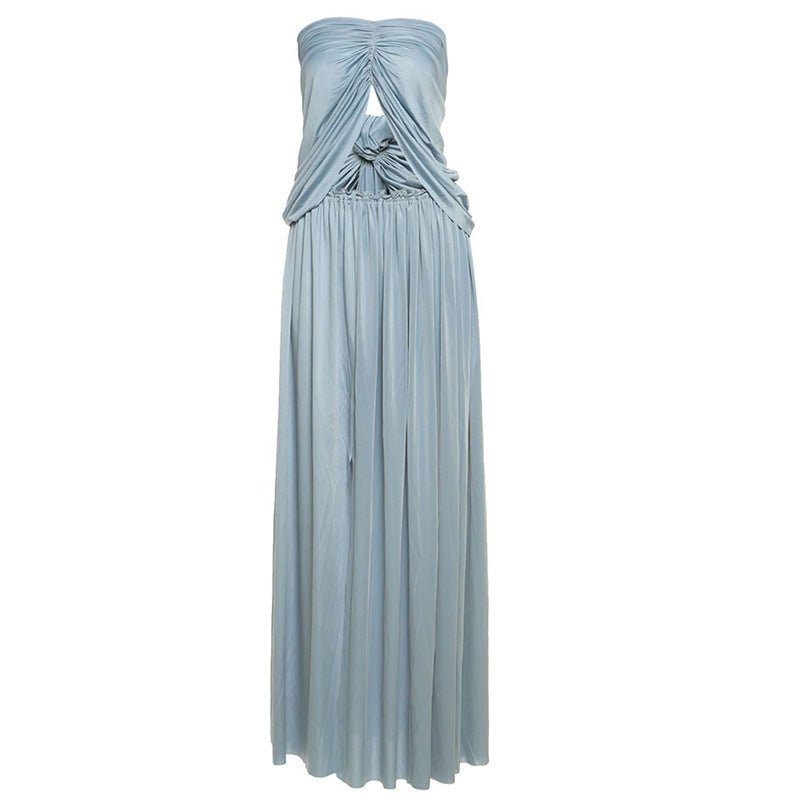 Sexy Vacation Style Tube Top Cropped Tank Top Loose Skirt Suit