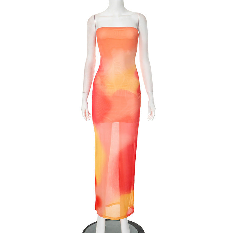 Contrast Color Tube Top Printing Dress