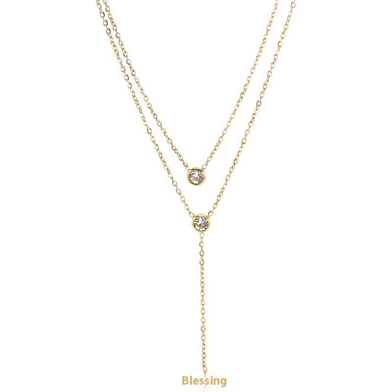 Single rhinestone Zircon Tassel Titanium Steel Necklace For Women