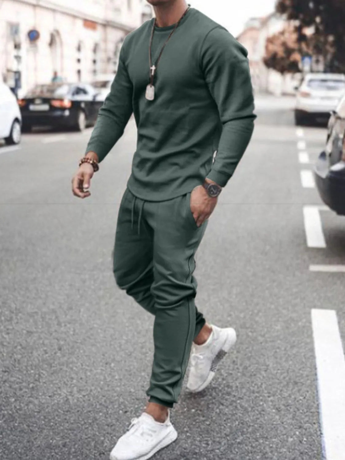 Men's Full Size Round Neck Long Sleeve Top and Pants Set Plus Size