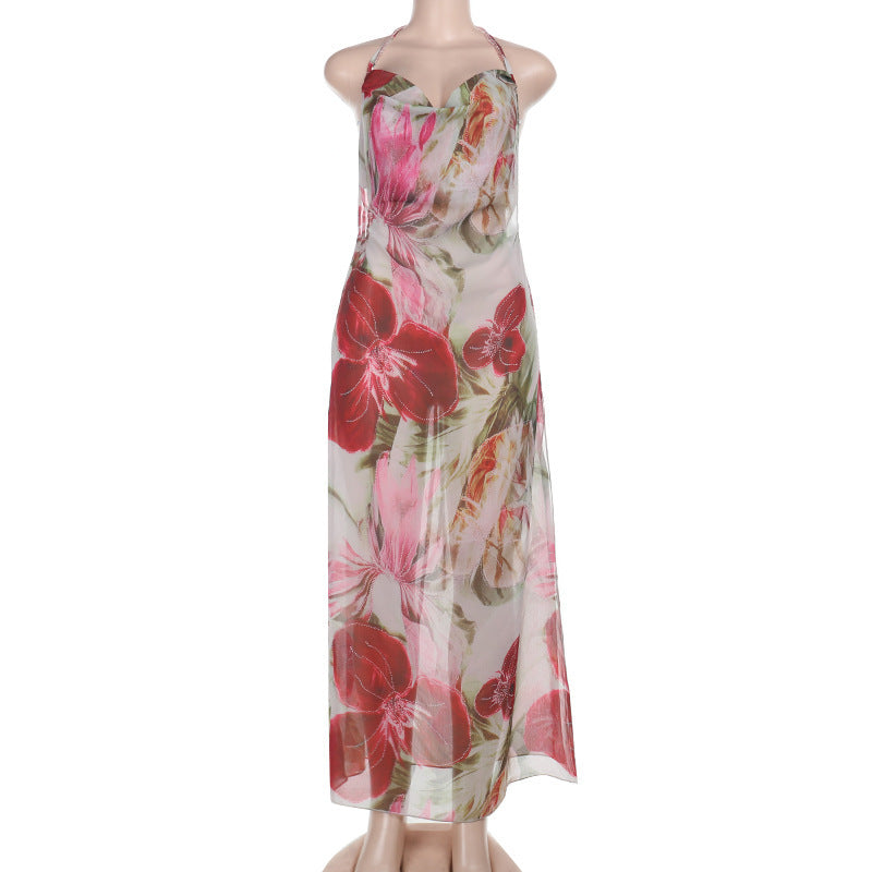 See-through Print Holiday Dress Ladies
