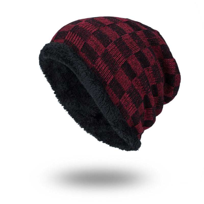 Men's Knitted Wool Plus Velvet Warm Contrast Color Small Square Beanie