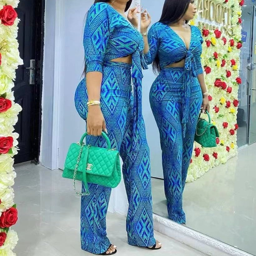 Long sleeve Top with tie And Pants Set