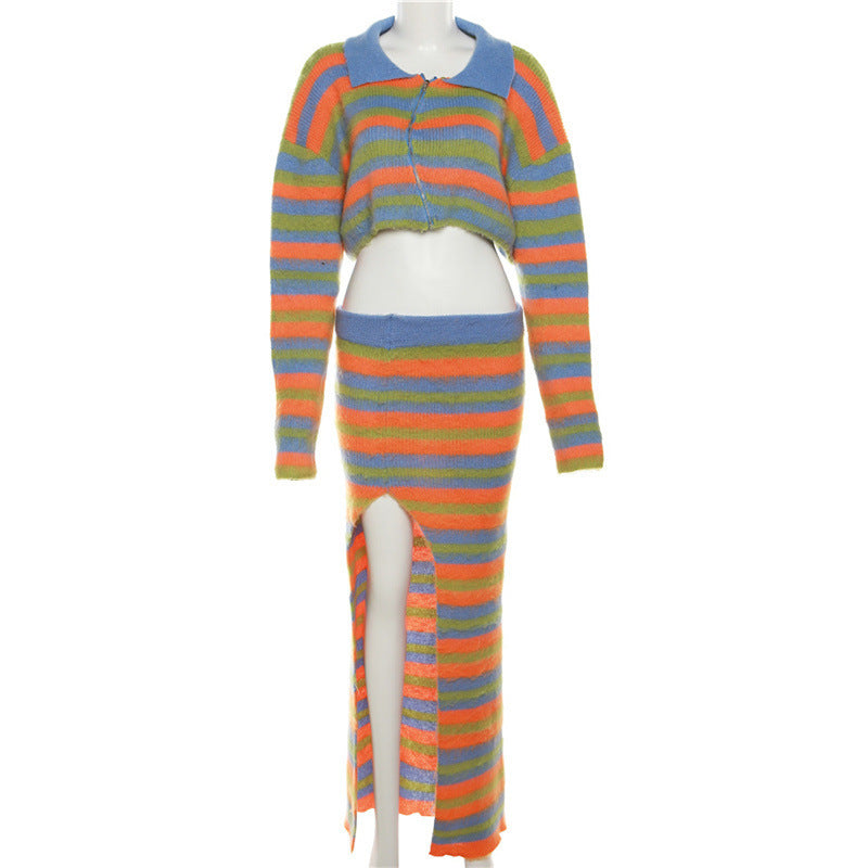 Stripe Sweater Crop Top Matching Long Skirt Split