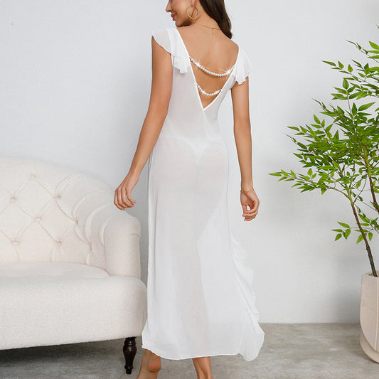 Multi Color Sexy Mesh See through Pajamas Suspenders Pearl Nightdress Evening Maxi Dress