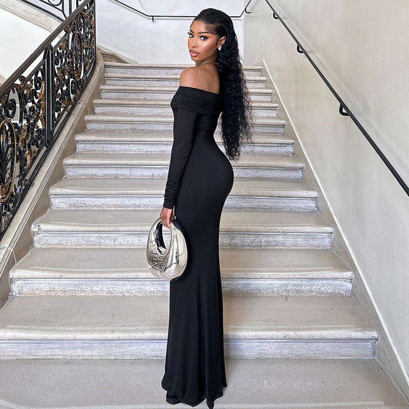 Black Off-shoulder Long Sleeve Sheath Fishtail Dress