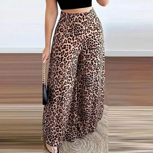 Fall Women Clothes Early Autumn Leopard Print Wide Leg Pants Loose High Waist Satin Long Pants