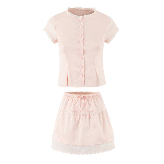 Women Lace Flying Sleeve Top Stitching High Waist Elastic Waist Skirt Sets