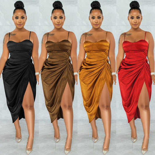 Fashion Solid Color Women's Sling Wrap Chest Ruched Slit Dress