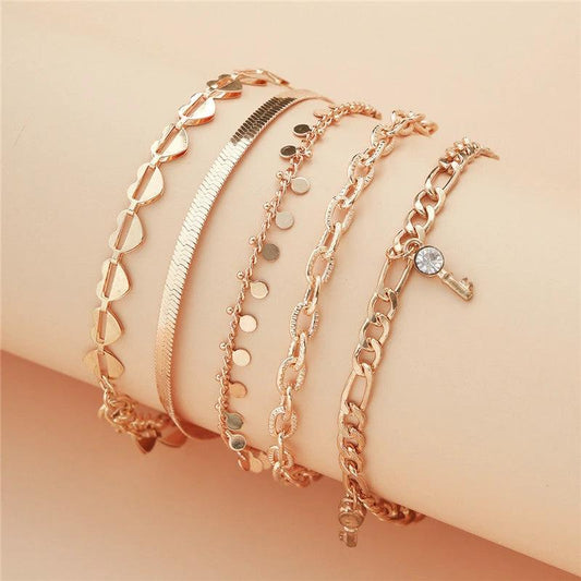 5 Pcs Women Fashion Gold Color Heart Crystal Key Anklets For Women Trendy Snake Chain Anklets For Women Foot Jewelry Gifts by GJG Denim
