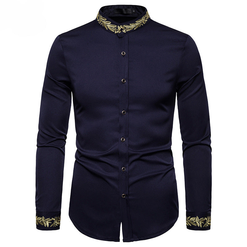 Men's Stand Collar Dress Shirts Casual Slim Long Sleeve