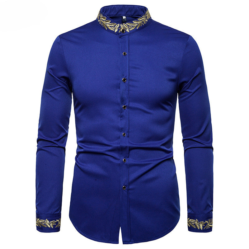 Men's Stand Collar Dress Shirts Casual Slim Long Sleeve
