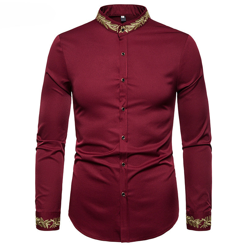 Men's Stand Collar Dress Shirts Casual Slim Long Sleeve