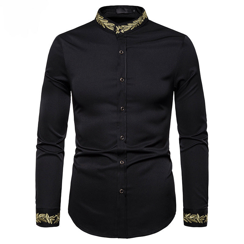 Men's Stand Collar Dress Shirts Casual Slim Long Sleeve