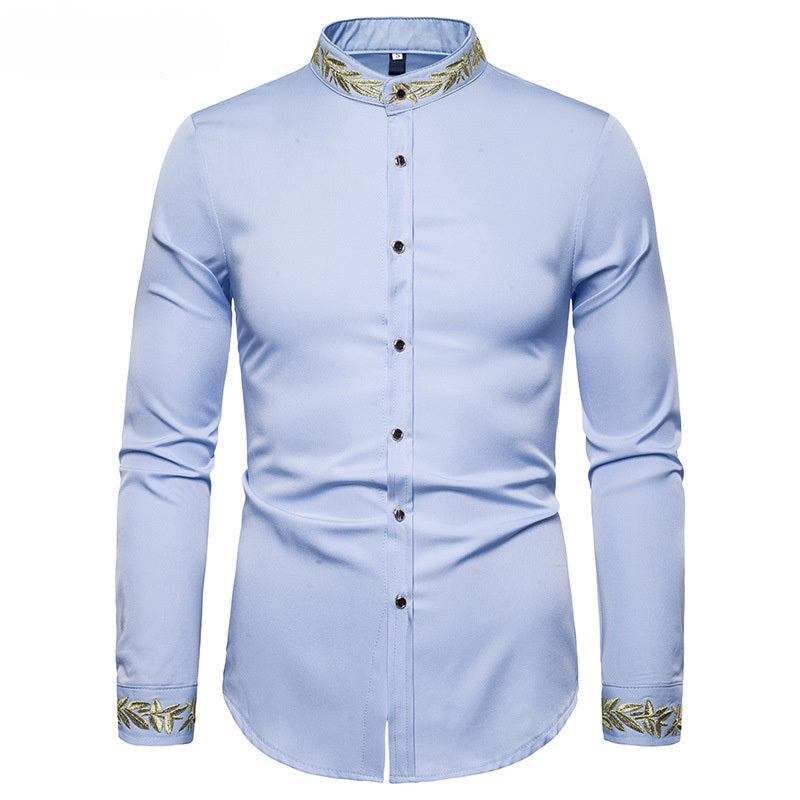 Men's Stand Collar Dress Shirts Casual Slim Long Sleeve