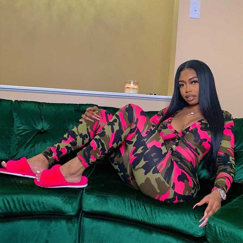 V-neck Romper Camouflage Print Pajamas Sexy One Piece Sleepwear