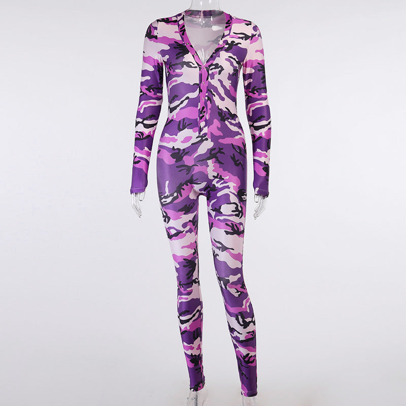 V-neck Romper Camouflage Print Pajamas Sexy One Piece Sleepwear