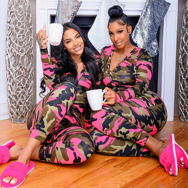 V-neck Romper Camouflage Print Pajamas Sexy One Piece Sleepwear