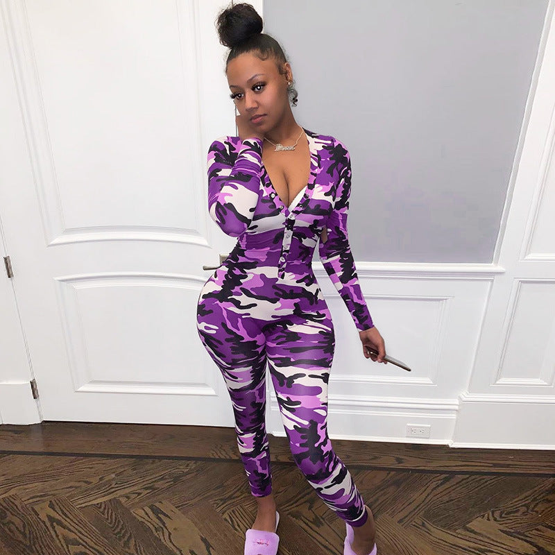 V-neck Romper Camouflage Print Pajamas Sexy One Piece Sleepwear