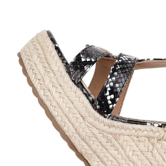 Large Size Snake Print Wedge Sandals Platform High Heel Buckle Women Summer New Ladies High Heel Sandals T4585 by GJG Denim