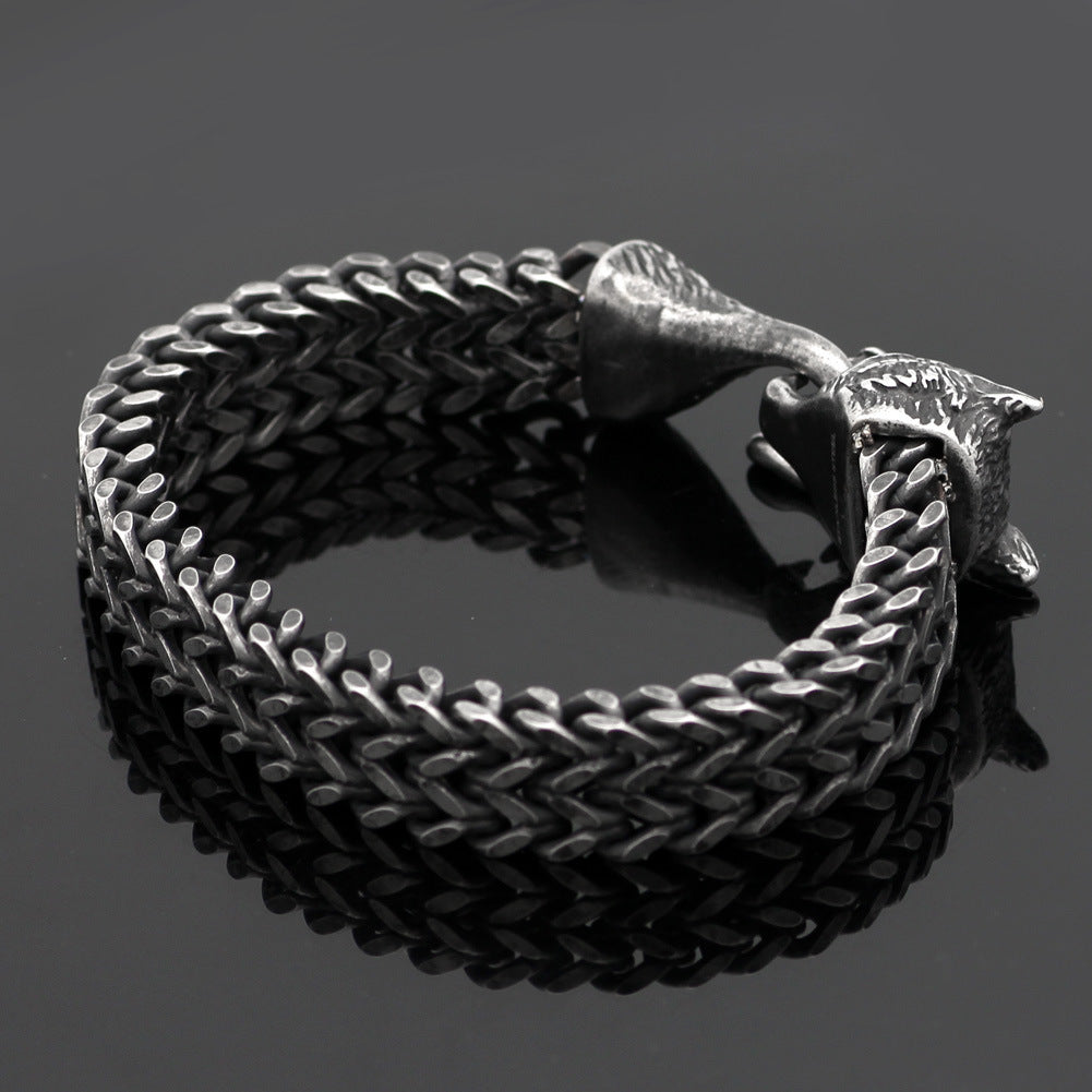 Men's Stainless Steel Vintage Black Wolf Head Cuban Chain Bracelet