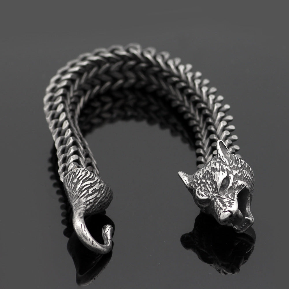 Men's Stainless Steel Vintage Black Wolf Head Cuban Chain Bracelet